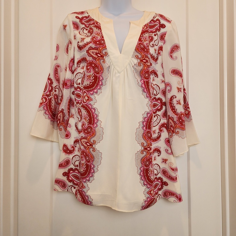 Y2K Silk Bohemian‎ Paisley Bell Sleeve Top 8 Fairy Festival Whimsigoth Red Cream